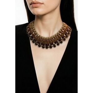 Multi Strand Earth Tone Statement Bib Necklace Gold Tone Brown Amber Cream NWOT